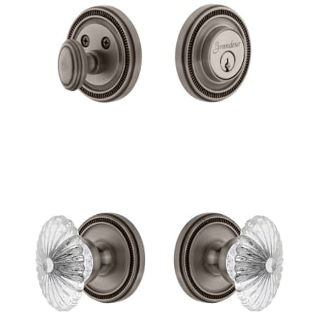 Grandeur Soleil Solid Brass Single Cylinder Keyed Entry Knobset and Deadbolt Combo Pack with Burgundy Crystal Knob and 2-3/8" Backset Antique Pewter