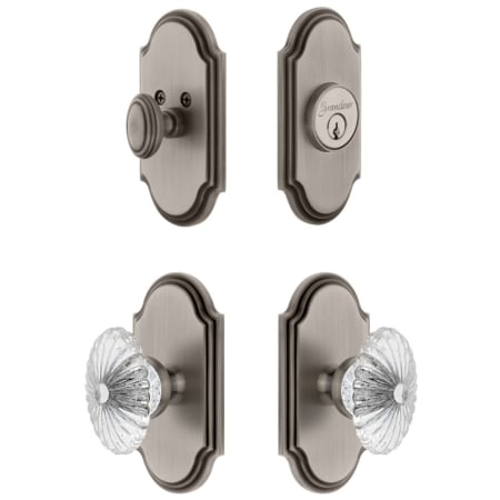 Grandeur Arc Solid Brass Single Cylinder Keyed Entry Knobset and Deadbolt Combo Pack with Burgundy Crystal Knob and 2-3/8" Backset Antique Pewter