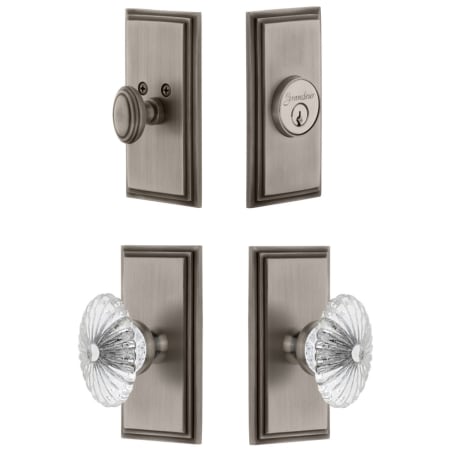 Grandeur Carre Solid Brass Single Cylinder Keyed Entry Knobset and Deadbolt Combo Pack with Burgundy Crystal Knob and 2-3/8" Backset Antique Pewter