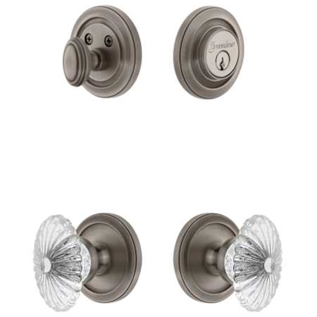 Grandeur Circulaire Solid Brass Single Cylinder Keyed Entry Knobset and Deadbolt Combo Pack with Burgundy Crystal Knob and 2-3/4" Backset Antique Pewter