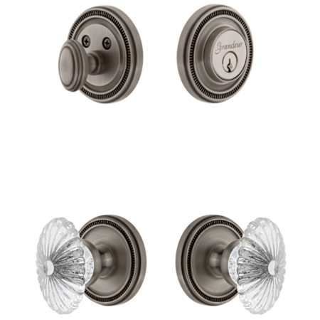 Grandeur Soleil Solid Brass Single Cylinder Keyed Entry Knobset and Deadbolt Combo Pack with Burgundy Crystal Knob and 2-3/4" Backset Antique Pewter