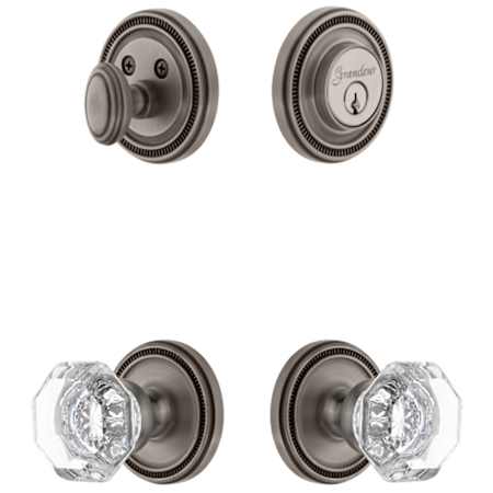 Grandeur Soleil Solid Brass Single Cylinder Keyed Entry Knobset and Deadbolt Combo Pack with Chambord Crystal Knob and 2-3/4" Backset Antique Pewter