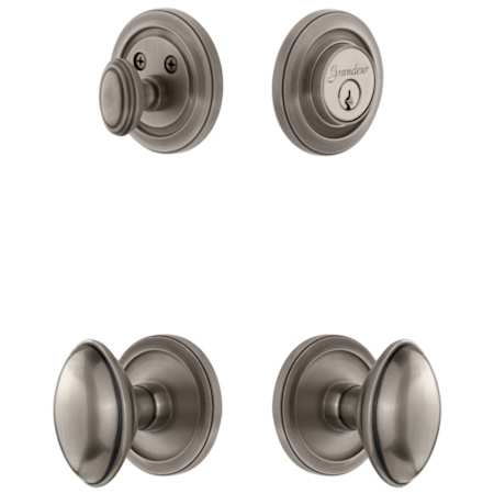 Grandeur Circulaire Solid Brass Single Cylinder Keyed Entry Knobset and Deadbolt Combo Pack with Eden Prairie Knob and 2-3/8" Backset Antique Pewter