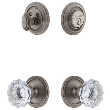 Grandeur Circulaire Solid Brass Single Cylinder Keyed Entry Knobset and Deadbolt Combo Pack with Fontainebleau Crystal Knob and 2-3/8" Backset Antique Pewter