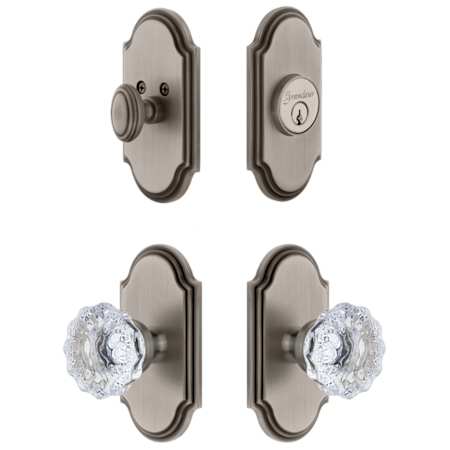 Grandeur Arc Solid Brass Single Cylinder Keyed Entry Knobset and Deadbolt Combo Pack with Fontainebleau Crystal Knob and 2-3/8" Backset Antique Pewter