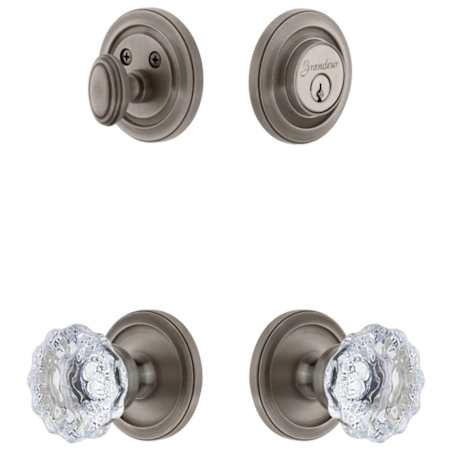 Grandeur Circulaire Solid Brass Single Cylinder Keyed Entry Knobset and Deadbolt Combo Pack with Fontainebleau Crystal Knob and 2-3/4" Backset Antique Pewter