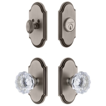 Grandeur Arc Solid Brass Single Cylinder Keyed Entry Knobset and Deadbolt Combo Pack with Fontainebleau Crystal Knob and 2-3/4" Backset Antique Pewter