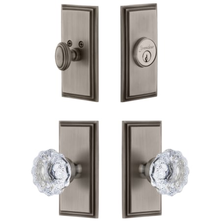 Grandeur Carre Solid Brass Single Cylinder Keyed Entry Knobset and Deadbolt Combo Pack with Fontainebleau Crystal Knob and 2-3/4" Backset Antique Pewter