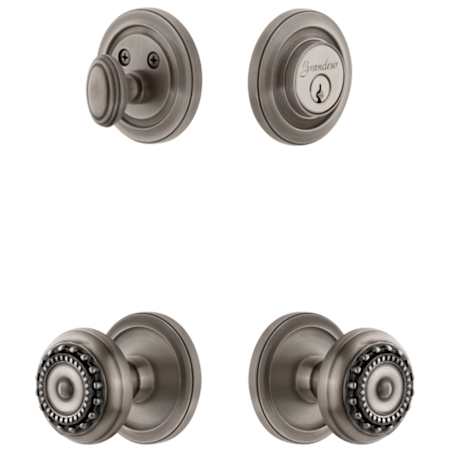Grandeur Circulaire Solid Brass Single Cylinder Keyed Entry Knobset and Deadbolt Combo Pack with Parthenon Knob and 2-3/8" Backset Antique Pewter
