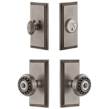 Grandeur Carre Solid Brass Single Cylinder Keyed Entry Knobset and Deadbolt Combo Pack with Parthenon Knob and 2-3/8" Backset Antique Pewter