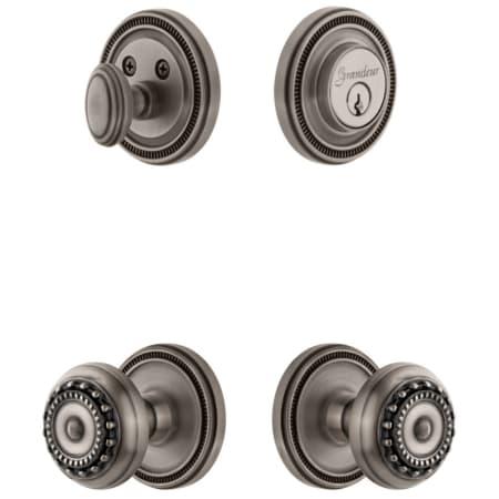Grandeur Soleil Solid Brass Single Cylinder Keyed Entry Knobset and Deadbolt Combo Pack with Parthenon Knob and 2-3/4" Backset Antique Pewter