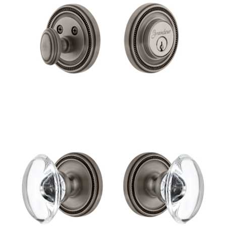 Grandeur Soleil Solid Brass Single Cylinder Keyed Entry Knobset and Deadbolt Combo Pack with Provence Crystal Knob and 2-3/8" Backset Antique Pewter