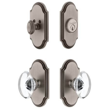 Grandeur Arc Solid Brass Single Cylinder Keyed Entry Knobset and Deadbolt Combo Pack with Provence Crystal Knob and 2-3/8" Backset Antique Pewter