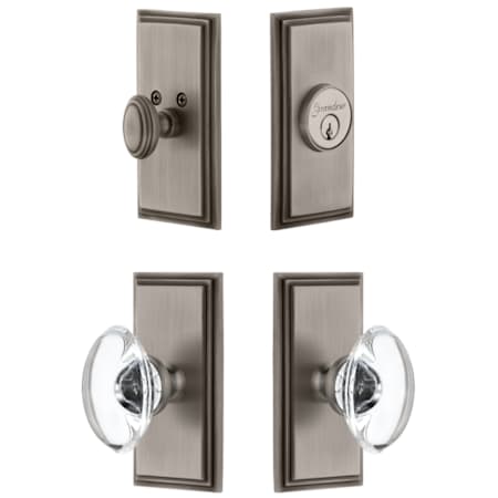 Grandeur Carre Solid Brass Single Cylinder Keyed Entry Knobset and Deadbolt Combo Pack with Provence Crystal Knob and 2-3/8" Backset Antique Pewter