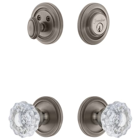 Grandeur Circulaire Solid Brass Single Cylinder Keyed Entry Knobset and Deadbolt Combo Pack with Versailles Crystal Knob and 2-3/8" Backset Antique Pewter