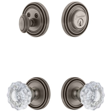 Grandeur Soleil Solid Brass Single Cylinder Keyed Entry Knobset and Deadbolt Combo Pack with Versailles Crystal Knob and 2-3/4" Backset Antique Pewter
