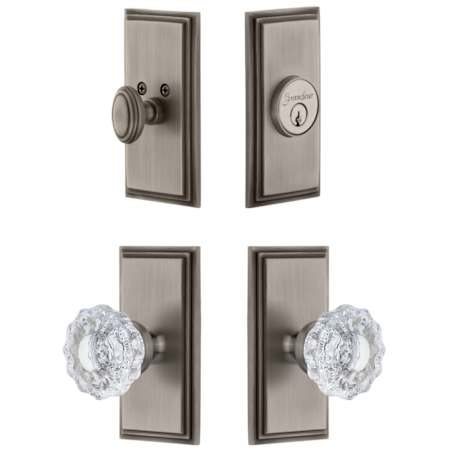 Grandeur Carre Solid Brass Single Cylinder Keyed Entry Knobset and Deadbolt Combo Pack with Versailles Crystal Knob and 2-3/4" Backset Antique Pewter