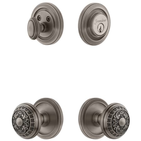 Grandeur Circulaire Solid Brass Single Cylinder Keyed Entry Knobset and Deadbolt Combo Pack with Windsor Knob and 2-3/8" Backset Antique Pewter
