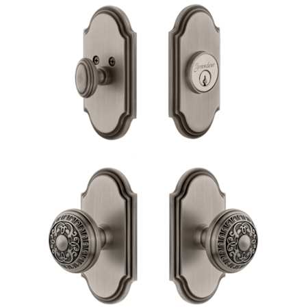 Grandeur Arc Solid Brass Single Cylinder Keyed Entry Knobset and Deadbolt Combo Pack with Windsor Knob and 2-3/8" Backset Antique Pewter