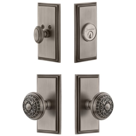 Grandeur Carre Solid Brass Single Cylinder Keyed Entry Knobset and Deadbolt Combo Pack with Windsor Knob and 2-3/8" Backset Antique Pewter