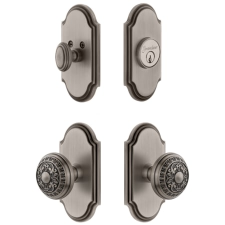 Grandeur Arc Solid Brass Single Cylinder Keyed Entry Knobset and Deadbolt Combo Pack with Windsor Knob and 2-3/4" Backset Antique Pewter
