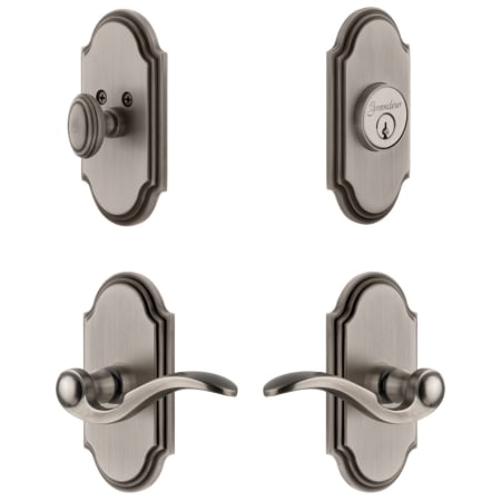 Grandeur Arc Solid Brass Left Handed Single Cylinder Keyed Entry Leverset and Deadbolt Combo Pack with Bellagio Lever and 2-3/8" Backset Antique Pewter