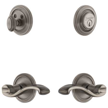 Grandeur Circulaire Solid Brass Left Handed Single Cylinder Keyed Entry Leverset and Deadbolt Combo Pack with Portofino Lever and 2-3/8" Backset Antique Pewter