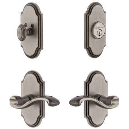 Grandeur Arc Solid Brass Left Handed Single Cylinder Keyed Entry Leverset and Deadbolt Combo Pack with Portofino Lever and 2-3/4" Backset Antique Pewter