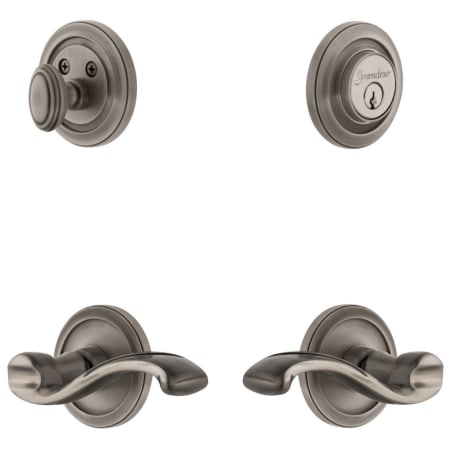 Grandeur Circulaire Solid Brass Right Handed Single Cylinder Keyed Entry Leverset and Deadbolt Combo Pack with Portofino Lever and 2-3/8" Backset Antique Pewter