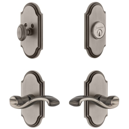 Grandeur Arc Solid Brass Right Handed Single Cylinder Keyed Entry Leverset and Deadbolt Combo Pack with Portofino Lever and 2-3/8" Backset Antique Pewter