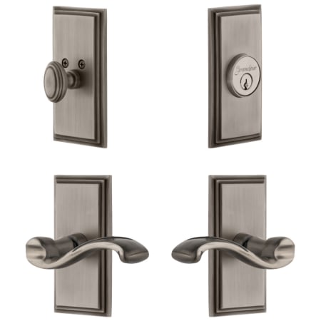 Grandeur Carre Solid Brass Right Handed Single Cylinder Keyed Entry Leverset and Deadbolt Combo Pack with Portofino Lever and 2-3/8" Backset Antique Pewter