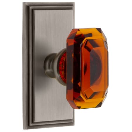 Grandeur Carre Solid Brass Passage Set with Baguette Amber Crystal Knob and 2-3/8" Backset Antique Pewter
