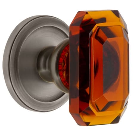 Grandeur Circulaire Solid Brass Passage Set with Baguette Amber Crystal Knob and 2-3/8" Backset Antique Pewter