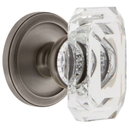 Grandeur Circulaire Solid Brass Privacy Set with Baguette Clear Crystal Knob and 2-3/8" Backset Antique Pewter