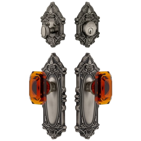 Grandeur Grande Victorian Solid Brass Single Cylinder Keyed Entry Knobset and Deadbolt Combo Pack with Baguette Amber Crystal Knob and 2-3/8" Backset Antique Pewter