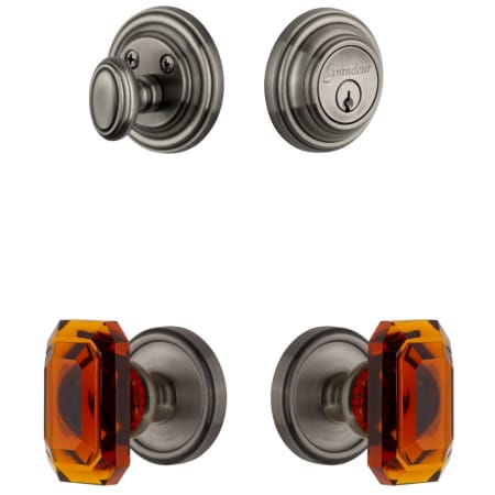 Grandeur Georgetown Solid Brass Single Cylinder Keyed Entry Knobset and Deadbolt Combo Pack with Baguette Amber Crystal Knob and 2-3/4" Backset Antique Pewter