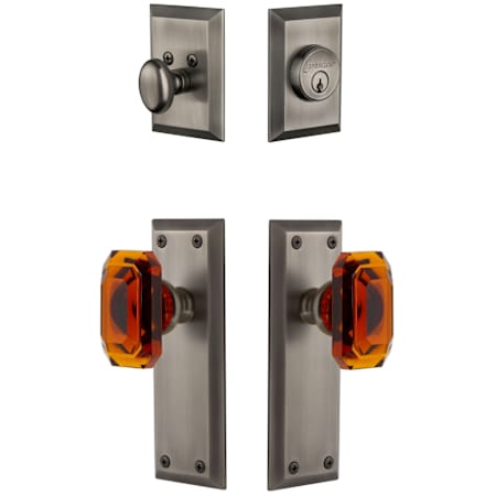 Grandeur Fifth Avenue Solid Brass Single Cylinder Keyed Entry Knobset and Deadbolt Combo Pack with Baguette Amber Crystal Knob and 2-3/4" Backset Antique Pewter