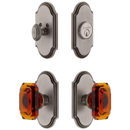 Grandeur Arc Solid Brass Single Cylinder Keyed Entry Knobset and Deadbolt Combo Pack with Baguette Amber Crystal Knob and 2-3/4" Backset Antique Pewter