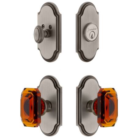 Grandeur Arc Solid Brass Single Cylinder Keyed Entry Knobset and Deadbolt Combo Pack with Baguette Amber Crystal Knob and 2-3/8" Backset Antique Pewter