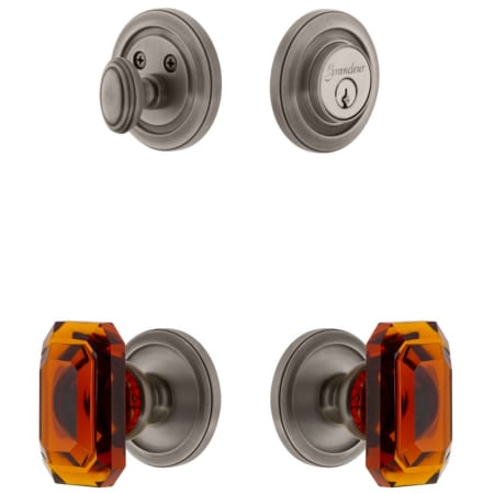 Grandeur Circulaire Solid Brass Single Cylinder Keyed Entry Knobset and Deadbolt Combo Pack with Baguette Amber Crystal Knob and 2-3/8" Backset Antique Pewter