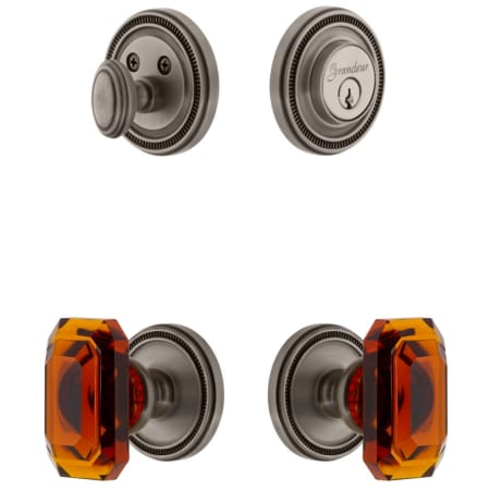 Grandeur Soleil Solid Brass Single Cylinder Keyed Entry Knobset and Deadbolt Combo Pack with Baguette Amber Crystal Knob and 2-3/8" Backset Antique Pewter