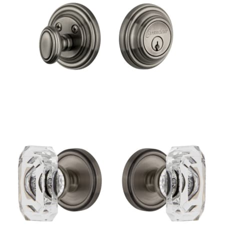 Grandeur Georgetown Solid Brass Single Cylinder Keyed Entry Knobset and Deadbolt Combo Pack with Baguette Clear Crystal Knob and 2-3/8" Backset Antique Pewter