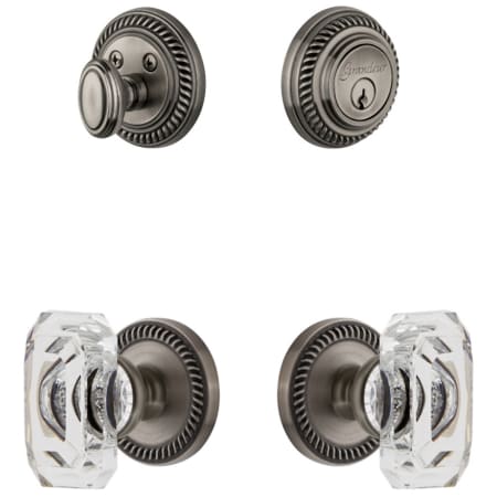 Grandeur Newport Solid Brass Single Cylinder Keyed Entry Knobset and Deadbolt Combo Pack with Baguette Clear Crystal Knob and 2-3/8" Backset Antique Pewter