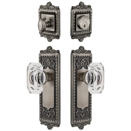 Grandeur Windsor Solid Brass Single Cylinder Keyed Entry Knobset and Deadbolt Combo Pack with Baguette Clear Crystal Knob and 2-3/8" Backset Antique Pewter