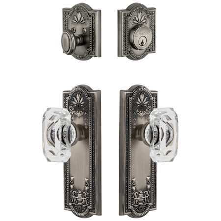 Grandeur Parthenon Solid Brass Single Cylinder Keyed Entry Knobset and Deadbolt Combo Pack with Baguette Clear Crystal Knob and 2-3/8" Backset Antique Pewter