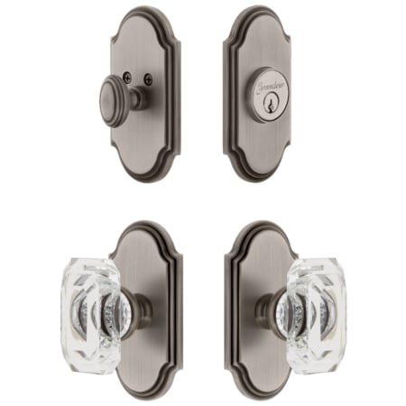 Grandeur Arc Solid Brass Single Cylinder Keyed Entry Knobset and Deadbolt Combo Pack with Baguette Clear Crystal Knob and 2-3/4" Backset Antique Pewter
