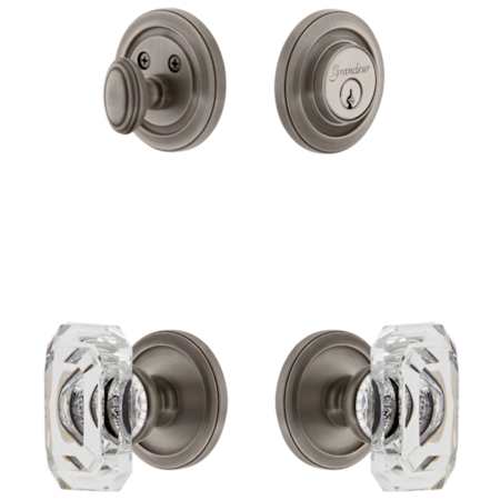 Grandeur Circulaire Solid Brass Single Cylinder Keyed Entry Knobset and Deadbolt Combo Pack with Baguette Clear Crystal Knob and 2-3/8" Backset Antique Pewter