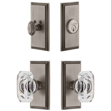 Grandeur Carre Solid Brass Single Cylinder Keyed Entry Knobset and Deadbolt Combo Pack with Baguette Clear Crystal Knob and 2-3/4" Backset Antique Pewter