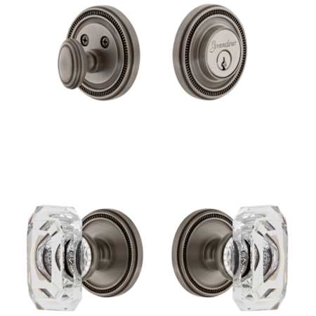 Grandeur Soleil Solid Brass Single Cylinder Keyed Entry Knobset and Deadbolt Combo Pack with Baguette Clear Crystal Knob and 2-3/8" Backset Antique Pewter