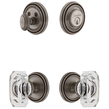 Grandeur Soleil Solid Brass Single Cylinder Keyed Entry Knobset and Deadbolt Combo Pack with Baguette Clear Crystal Knob and 2-3/4" Backset Antique Pewter